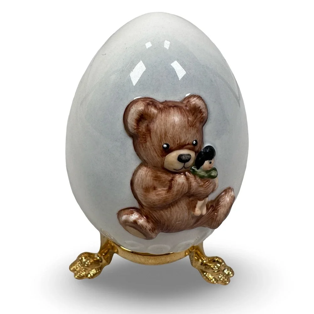 Goebel 2006 Porcelain Teddy Bear‎ Egg Figurine with Gold Tone Stand Germany